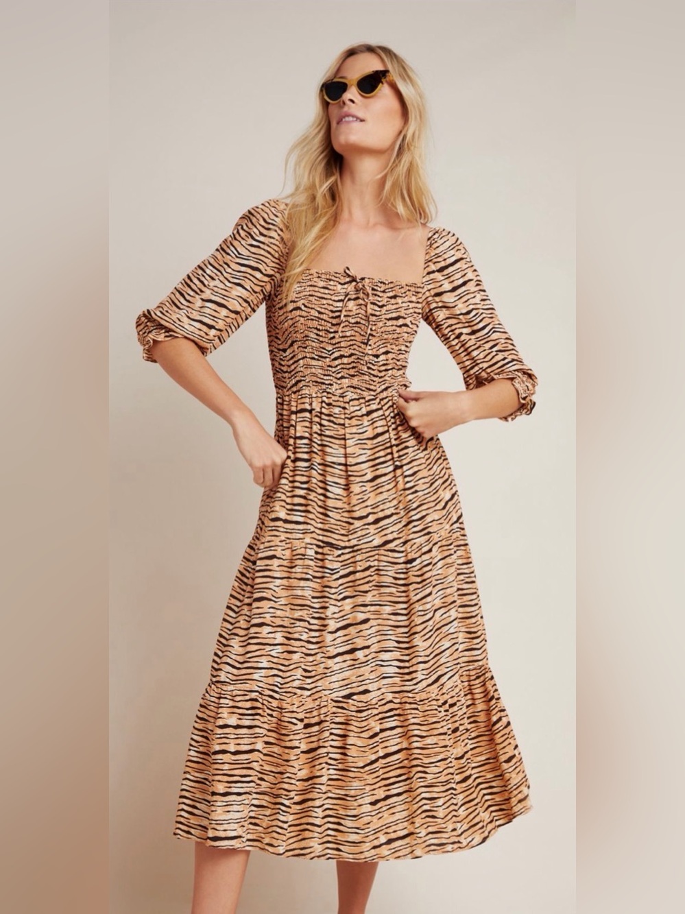 Faithfull the Brand Wyldie tiger stripe puff sleeve midi dress 4 small perfect!